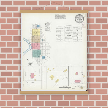 Old map wall art mockup — magnetic wood frame on brick wall — Sanborn Fire Insurance Map from Le Sueur, Le Sueur County, Minnesota (1902) - Complete Map Set