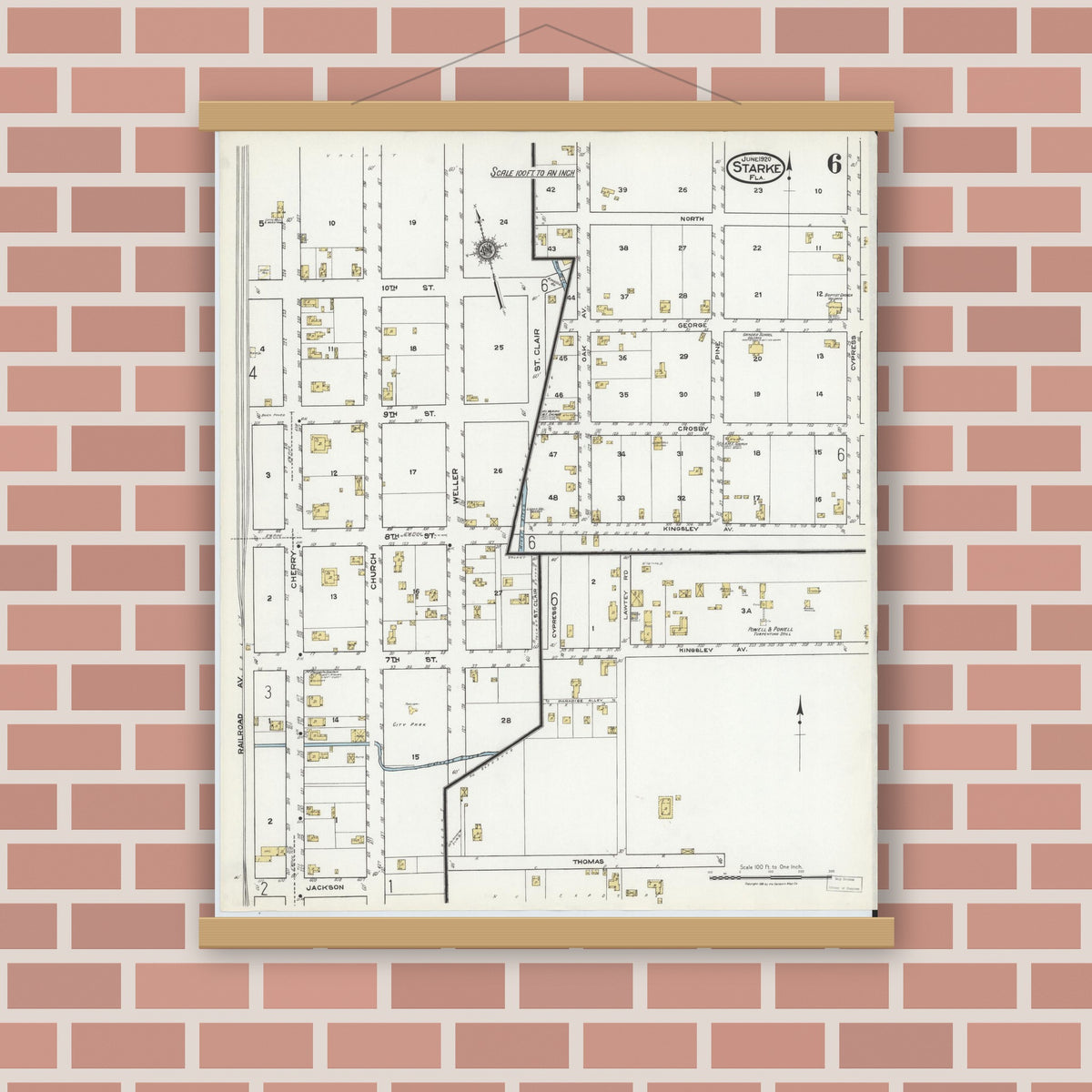 Old map wall art mockup — magnetic wood frame on brick wall — Sanborn Fire Insurance Map from Starke, Bradford County, Florida (1920), Sheet #0006
