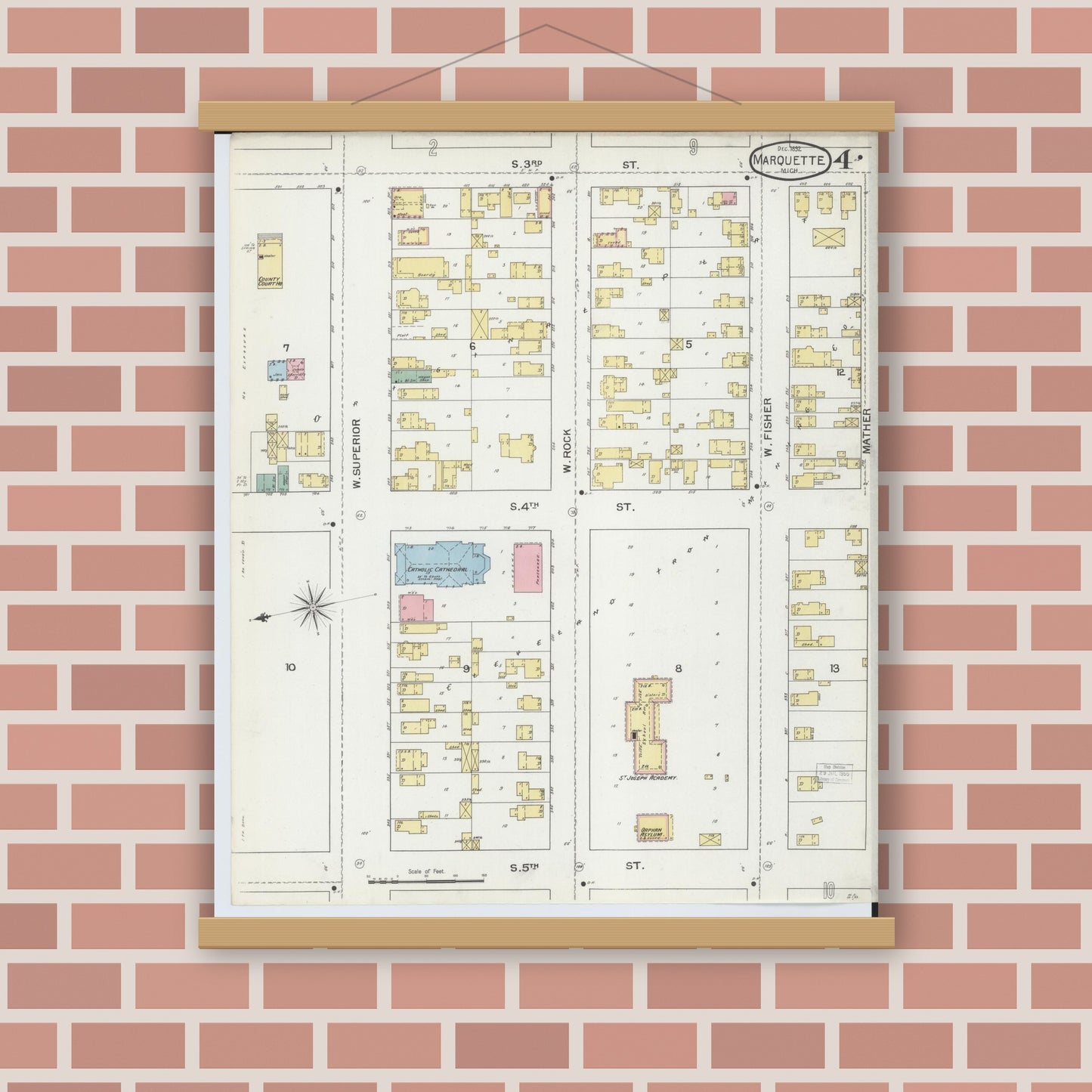 Old map wall art mockup — magnetic wood frame on brick wall — Sanborn Fire Insurance Map from Marquette, Marquette County, Michigan (1892), Sheet #0004