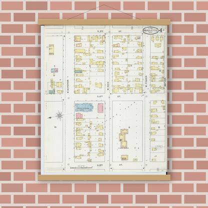 Old map wall art mockup — magnetic wood frame on brick wall — Sanborn Fire Insurance Map from Marquette, Marquette County, Michigan (1892), Sheet #0004