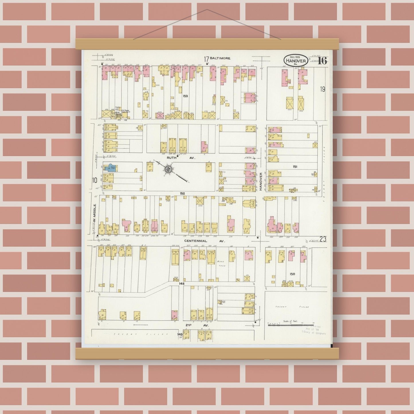 Old map wall art mockup — magnetic wood frame on brick wall — Sanborn Fire Insurance Map from Hanover, York County, Pennsylvania (1909), Sheet #0016