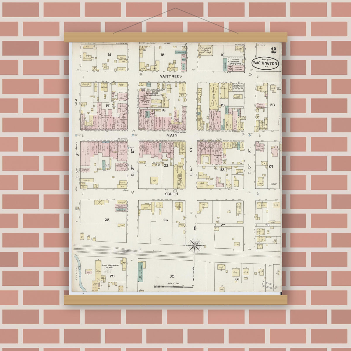 Old map wall art mockup — magnetic wood frame on brick wall — Sanborn Fire Insurance Map from Washington, Daviess County, Indiana (1887), Sheet #0002