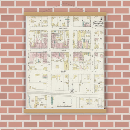 Old map wall art mockup — magnetic wood frame on brick wall — Sanborn Fire Insurance Map from Washington, Daviess County, Indiana (1887), Sheet #0002