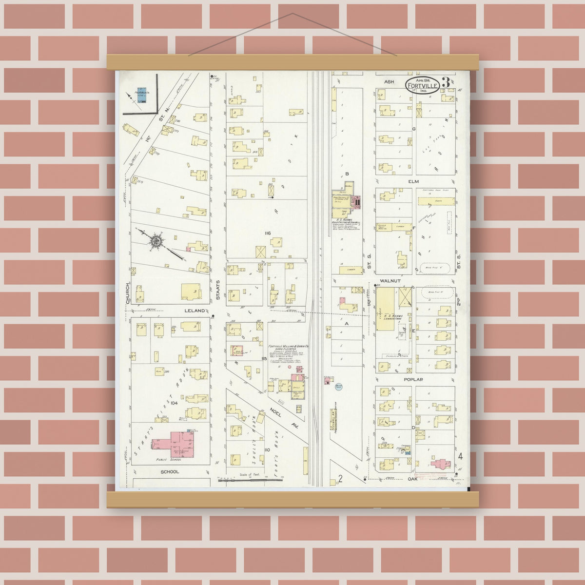 Old map wall art mockup — magnetic wood frame on brick wall — Sanborn Fire Insurance Map from Fortville, Hancock County, Indiana (1914), Sheet #0003