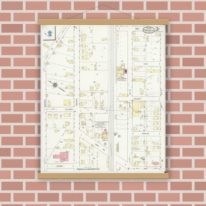 Old map wall art mockup — magnetic wood frame on brick wall — Sanborn Fire Insurance Map from Fortville, Hancock County, Indiana (1914), Sheet #0003