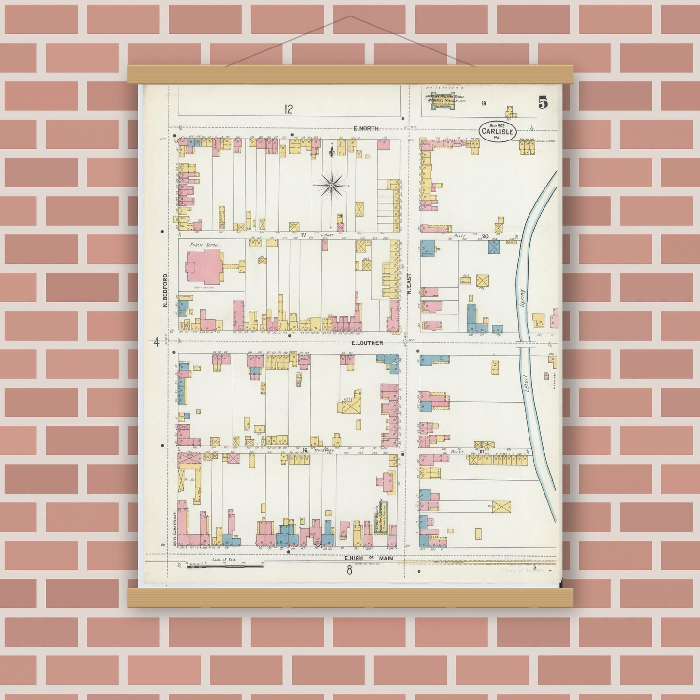 Old map wall art mockup — magnetic wood frame on brick wall — Sanborn Fire Insurance Map from Carlisle, Cumberland County, Pennsylvania (1902), Sheet #0005