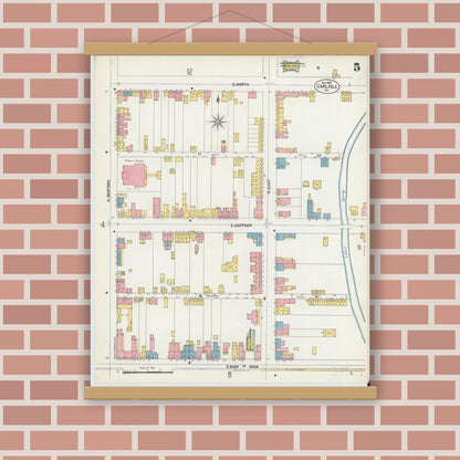 Old map wall art mockup — magnetic wood frame on brick wall — Sanborn Fire Insurance Map from Carlisle, Cumberland County, Pennsylvania (1902), Sheet #0005