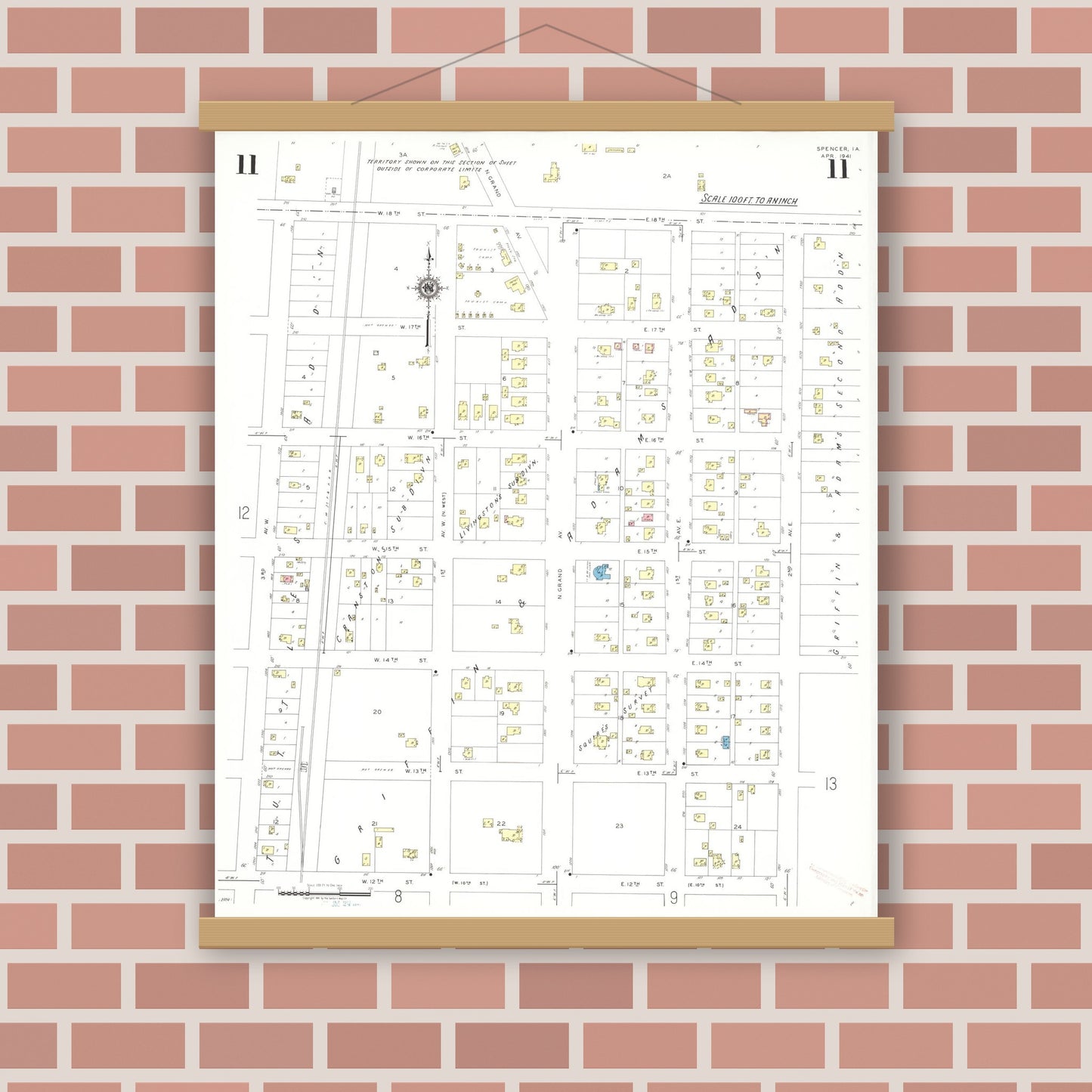 Old map wall art mockup — magnetic wood frame on brick wall — Sanborn Fire Insurance Map from Spencer, Clay County, Iowa (1941), Sheet #0011