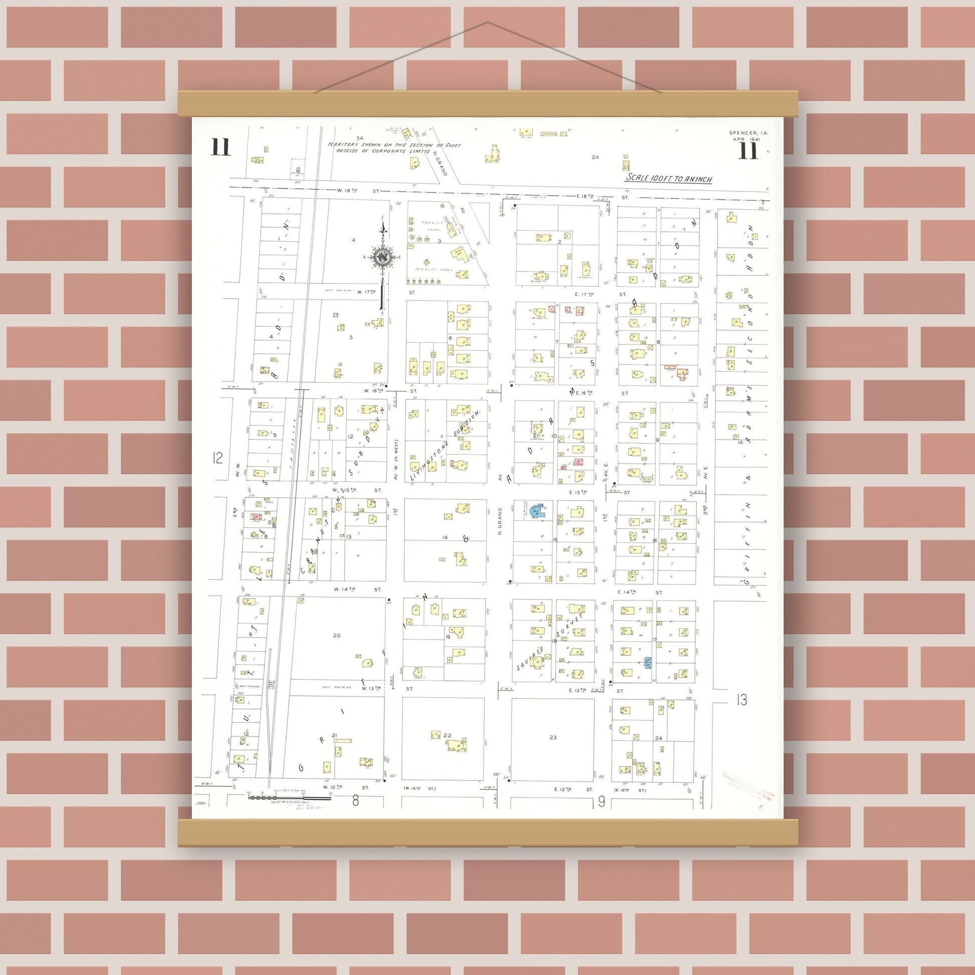 Old map wall art mockup — magnetic wood frame on brick wall — Sanborn Fire Insurance Map from Spencer, Clay County, Iowa (1941), Sheet #0011