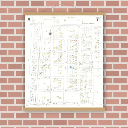 Old map wall art mockup — magnetic wood frame on brick wall — Sanborn Fire Insurance Map from Spencer, Clay County, Iowa (1941), Sheet #0011