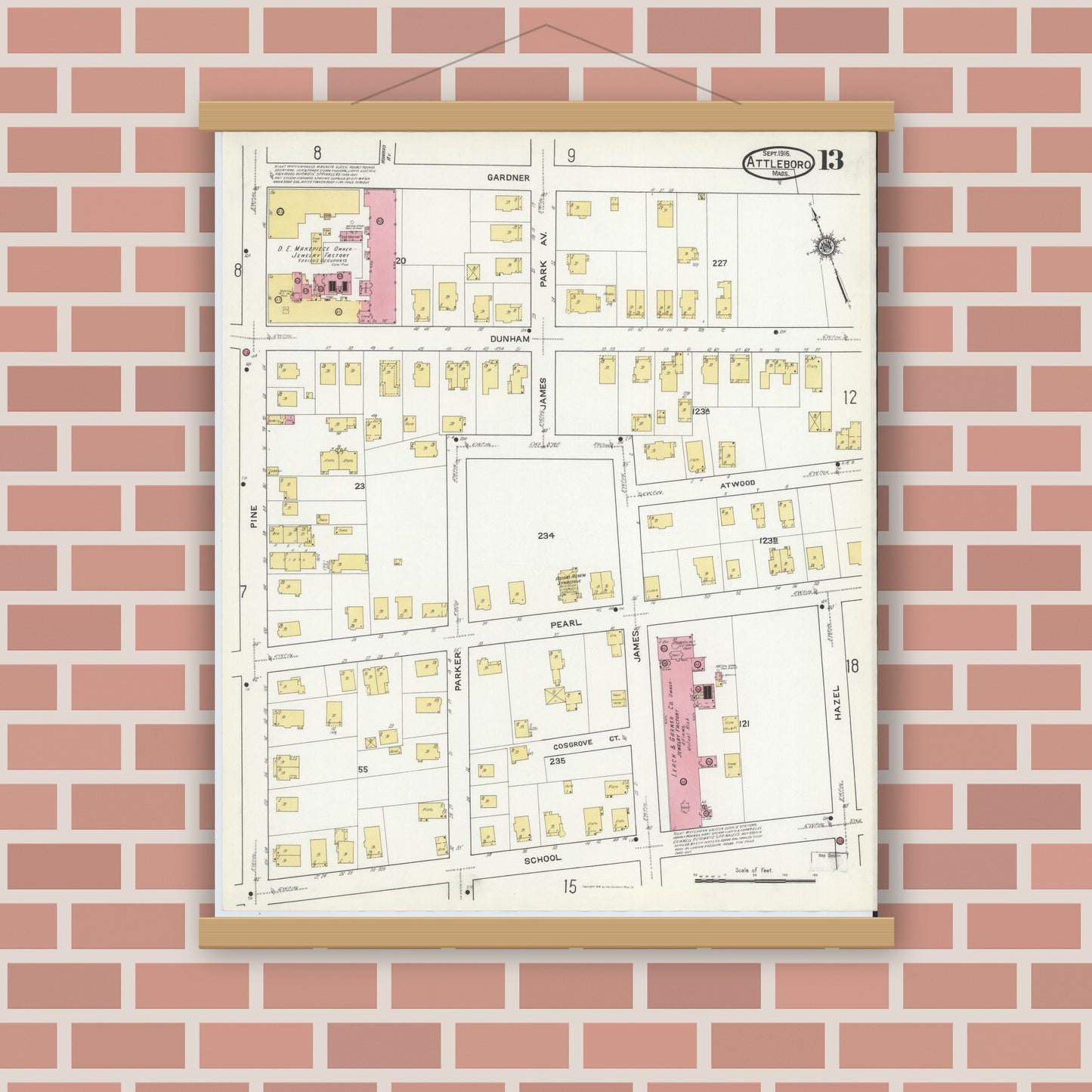 Old map wall art mockup — magnetic wood frame on brick wall — Sanborn Fire Insurance Map from Attleboro, Bristol County, Massachusetts (1916), Sheet #0013