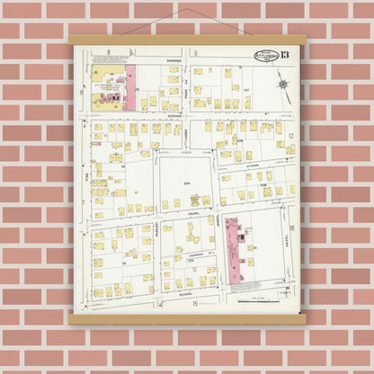 Old map wall art mockup — magnetic wood frame on brick wall — Sanborn Fire Insurance Map from Attleboro, Bristol County, Massachusetts (1916), Sheet #0013