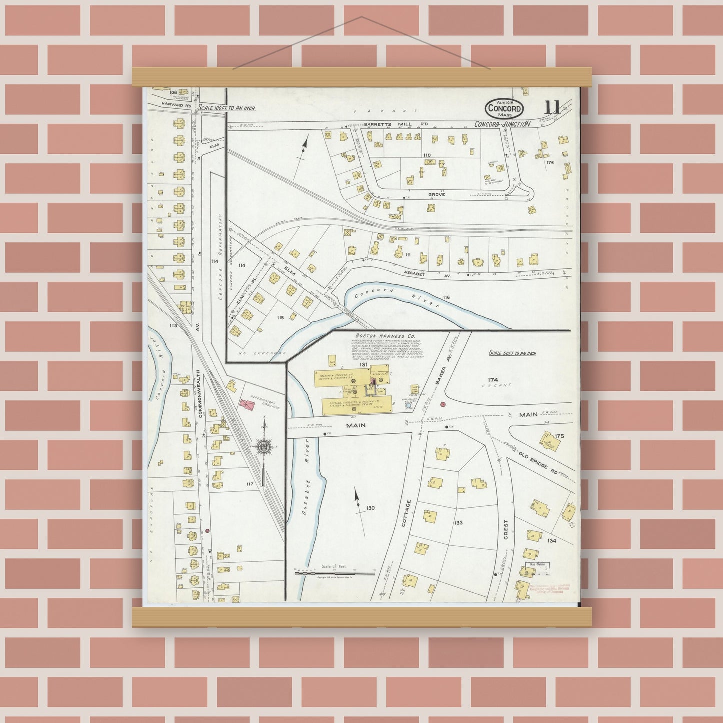 Old map wall art mockup — magnetic wood frame on brick wall — Sanborn Fire Insurance Map from Concord, Middlesex County, Massachusetts (1918), Sheet #0011
