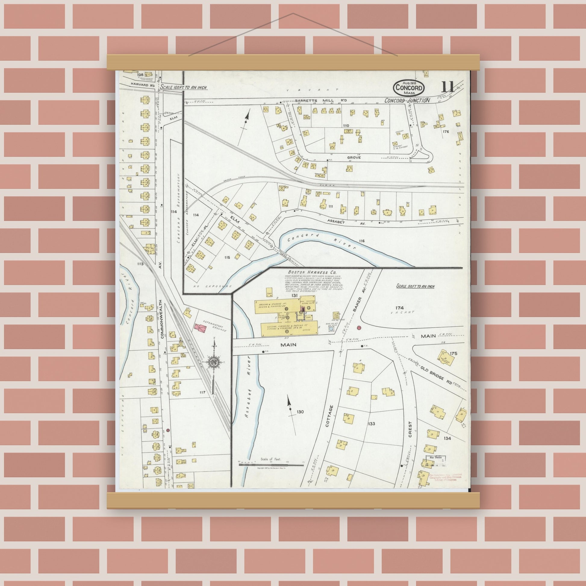 Old map wall art mockup — magnetic wood frame on brick wall — Sanborn Fire Insurance Map from Concord, Middlesex County, Massachusetts (1918), Sheet #0011