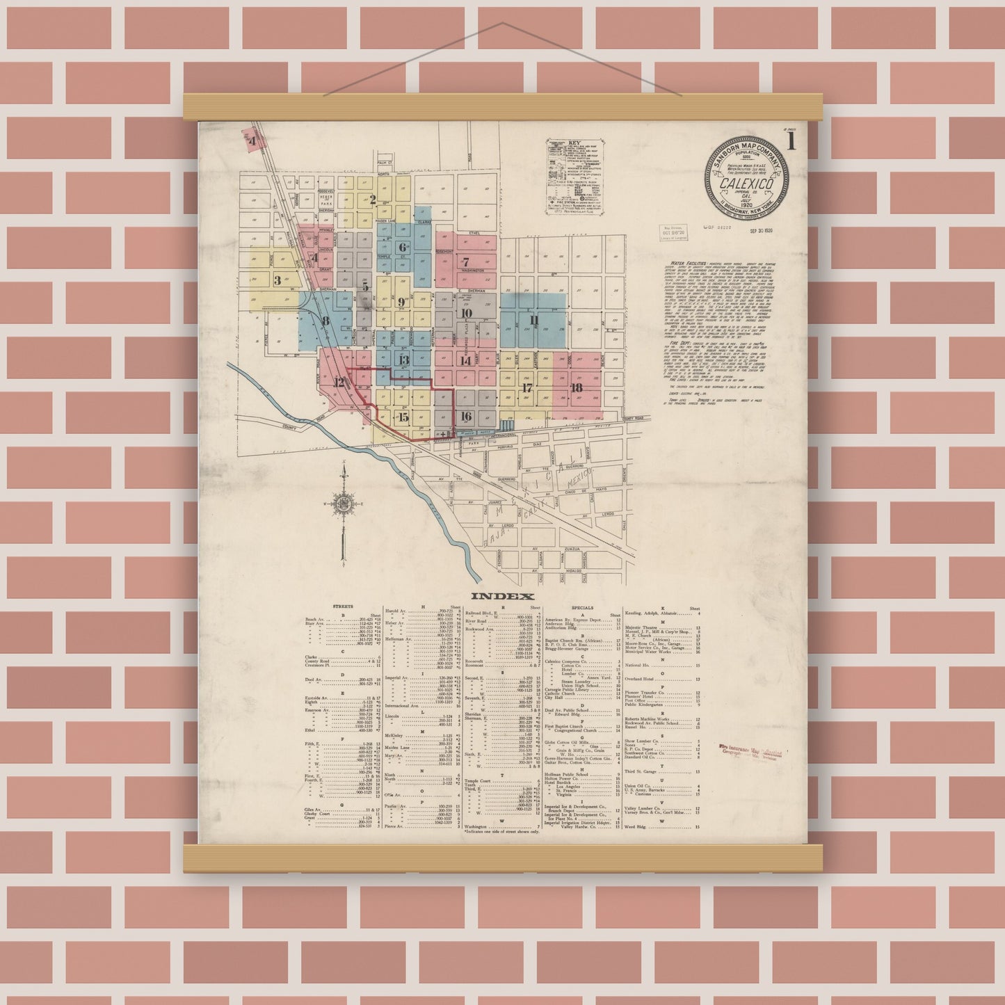 Old map wall art mockup — magnetic wood frame on brick wall — Sanborn Fire Insurance Map from Calexico, Imperial County, California (1920) - Complete Map Set