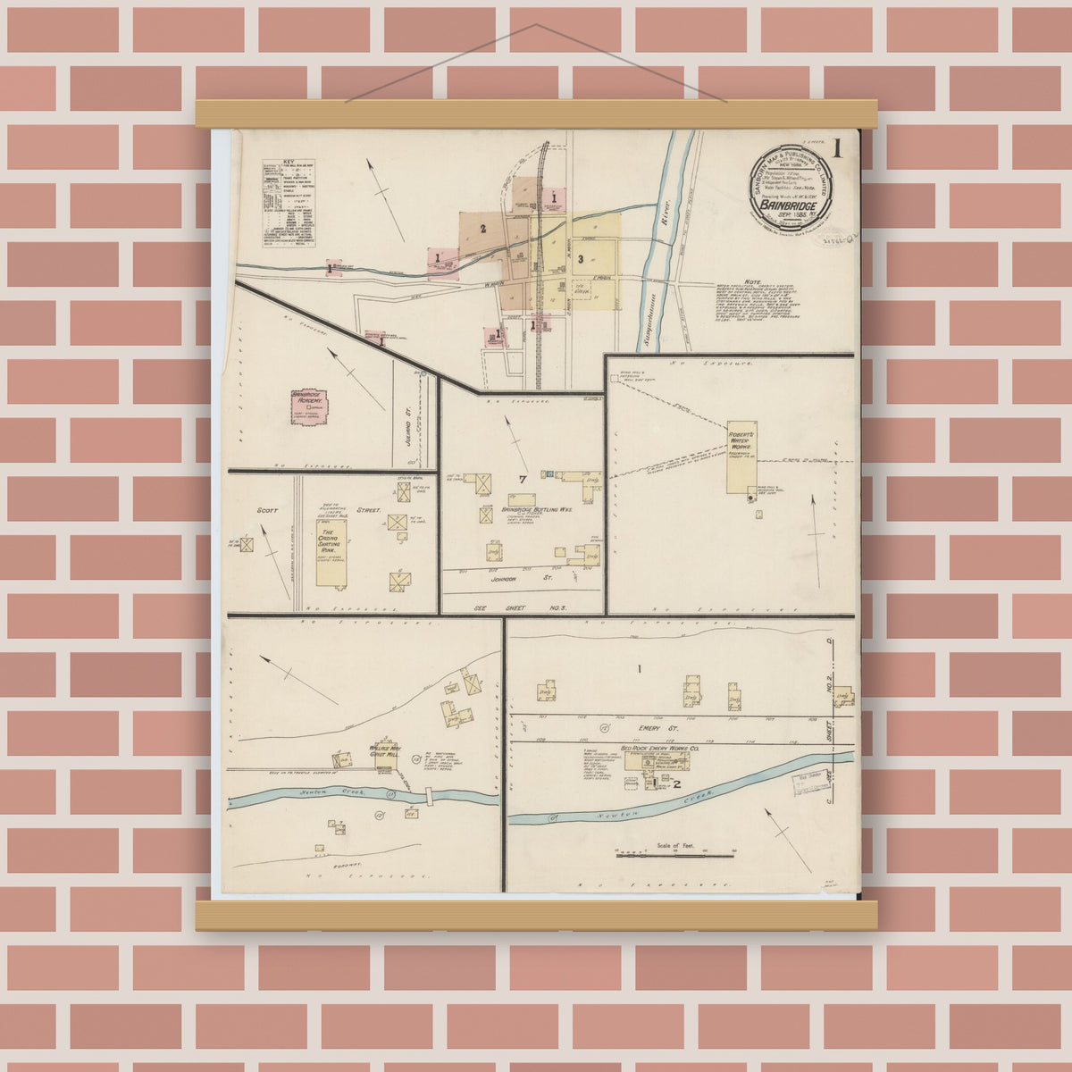 Old map wall art mockup — magnetic wood frame on brick wall — Sanborn Fire Insurance Map from Bainbridge, Chenango County, New York (1885) - Complete Map Set