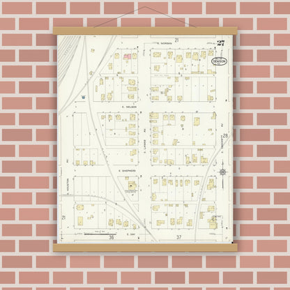 Old map wall art mockup — magnetic wood frame on brick wall — Sanborn Fire Insurance Map from Denison, Grayson County, Texas (1914), Sheet #0027