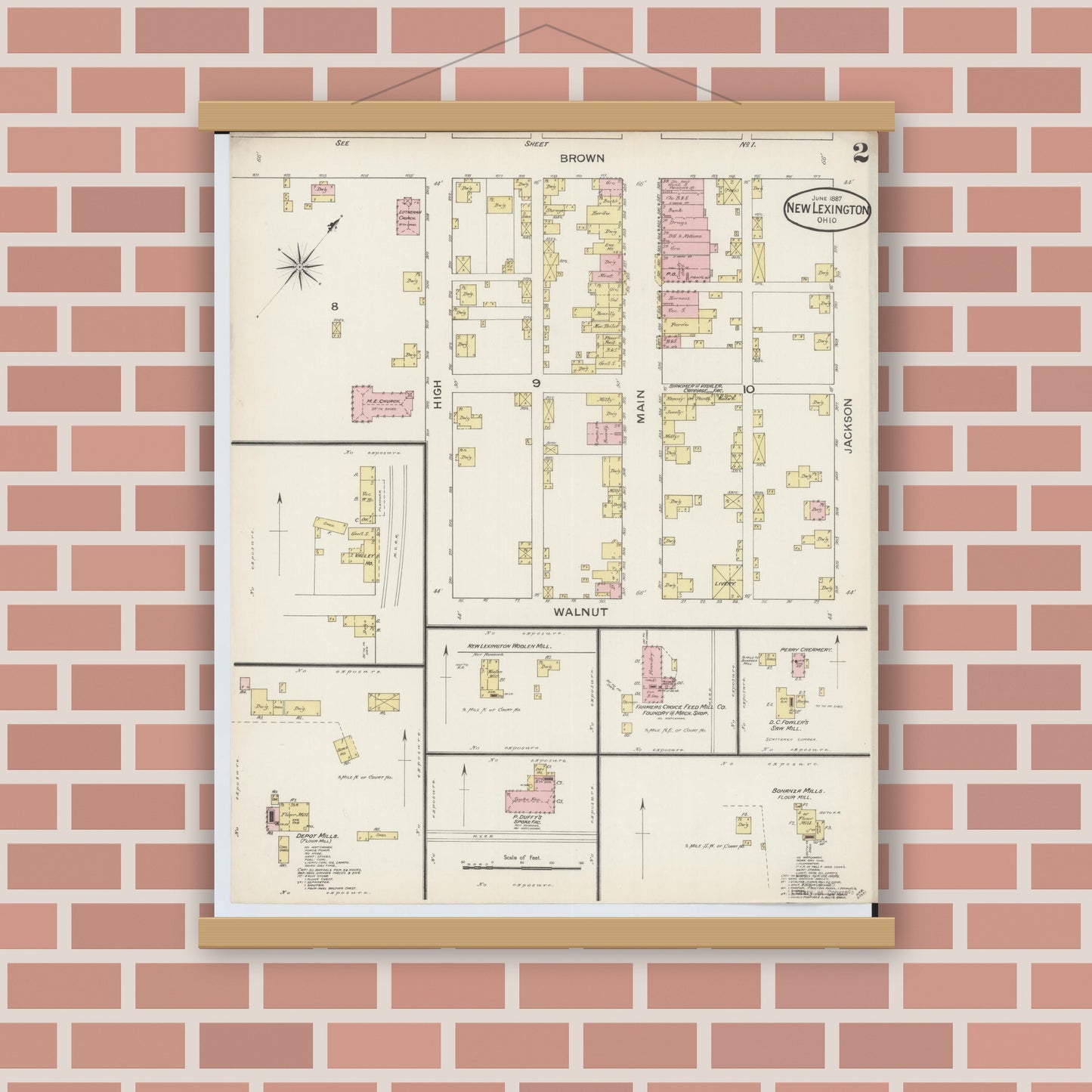 Old map wall art mockup — magnetic wood frame on brick wall — Sanborn Fire Insurance Map from New Lexington, Perry County, Ohio (1887), Sheet #0002