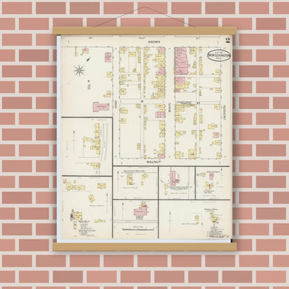 Old map wall art mockup — magnetic wood frame on brick wall — Sanborn Fire Insurance Map from New Lexington, Perry County, Ohio (1887), Sheet #0002