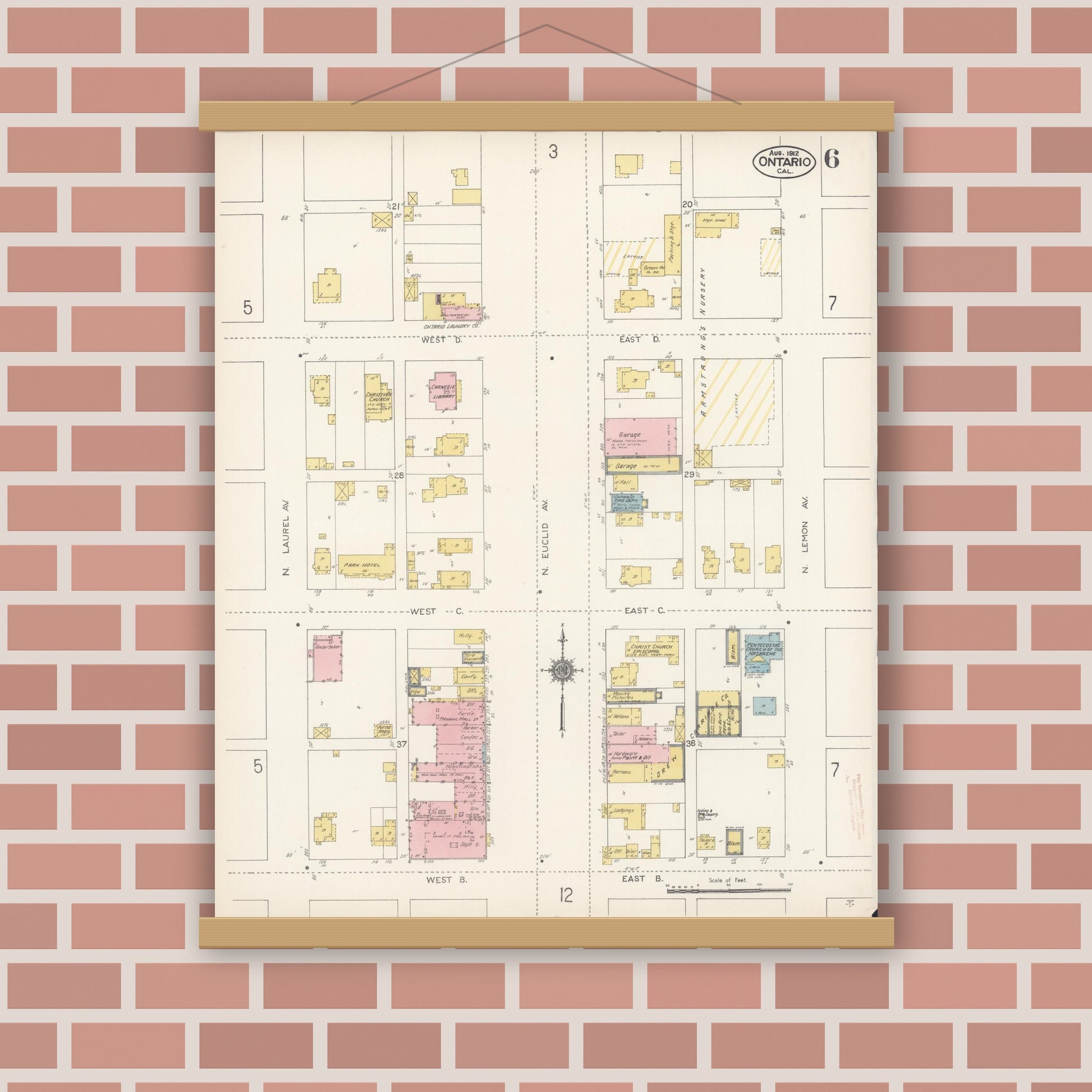 Old map wall art mockup — magnetic wood frame on brick wall — Sanborn Fire Insurance Map from Ontario, San Bernardino County, California (1912), Sheet #0006