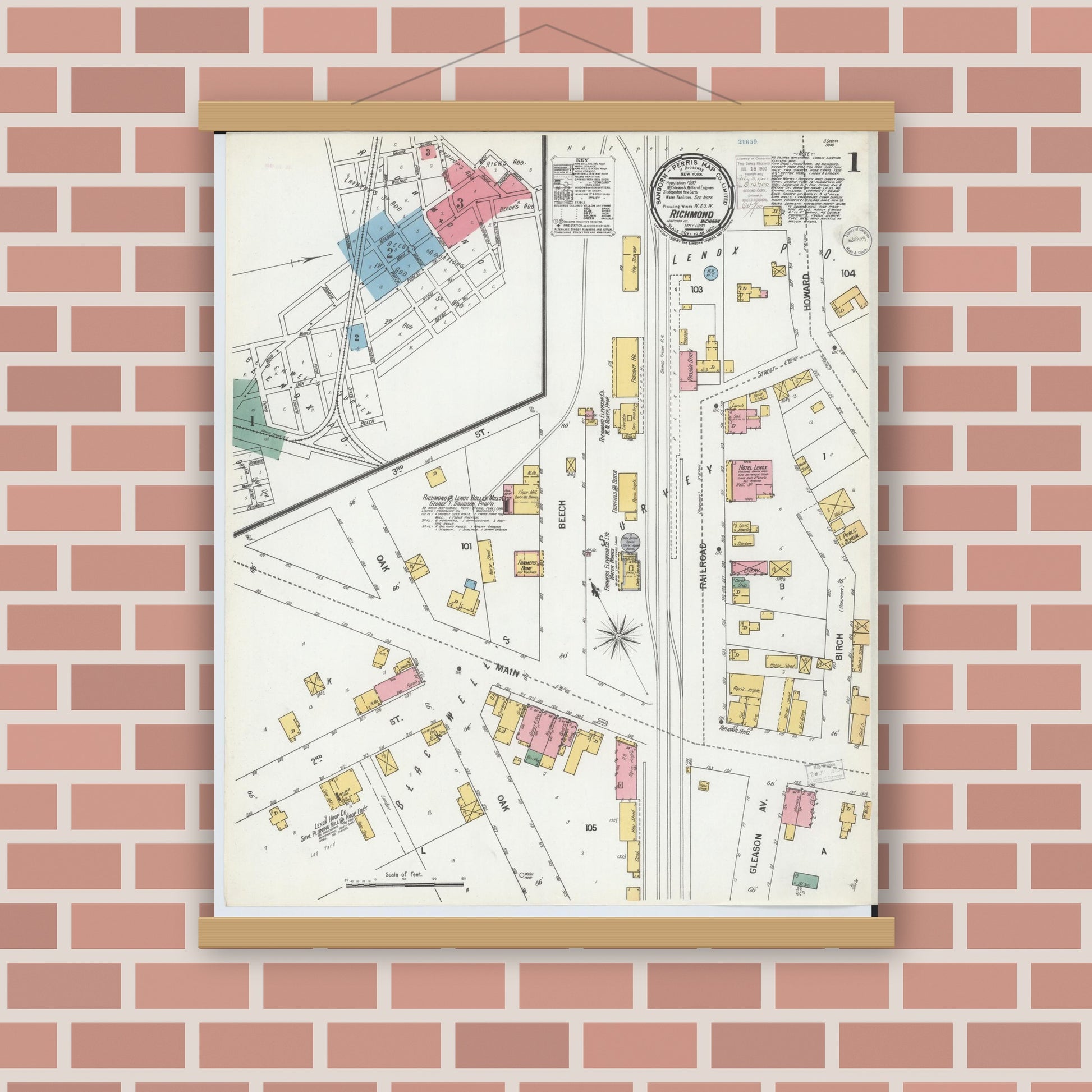 Old map wall art mockup — magnetic wood frame on brick wall — Sanborn Fire Insurance Map from Richmond, Macomb County, Michigan (1900) - Complete Map Set