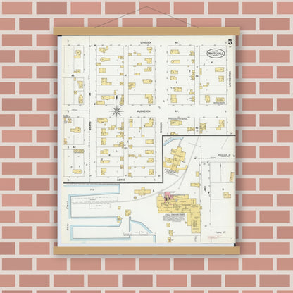 Old map wall art mockup — magnetic wood frame on brick wall — Sanborn Fire Insurance Map from Whitehall, Muskegon County, Michigan (1902), Sheet #0005