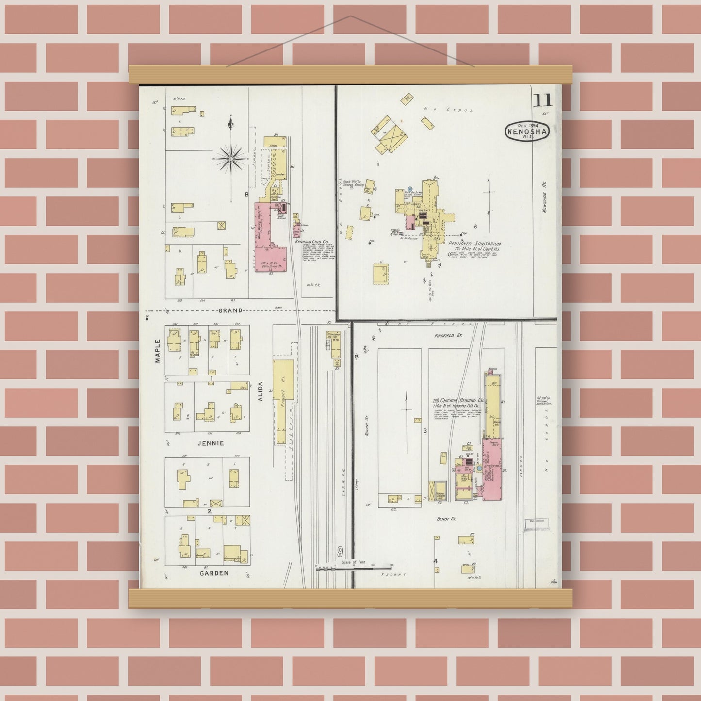 Old map wall art mockup — magnetic wood frame on brick wall — Sanborn Fire Insurance Map from Kenosha, Kenosha County, Wisconsin (1894), Sheet #0011