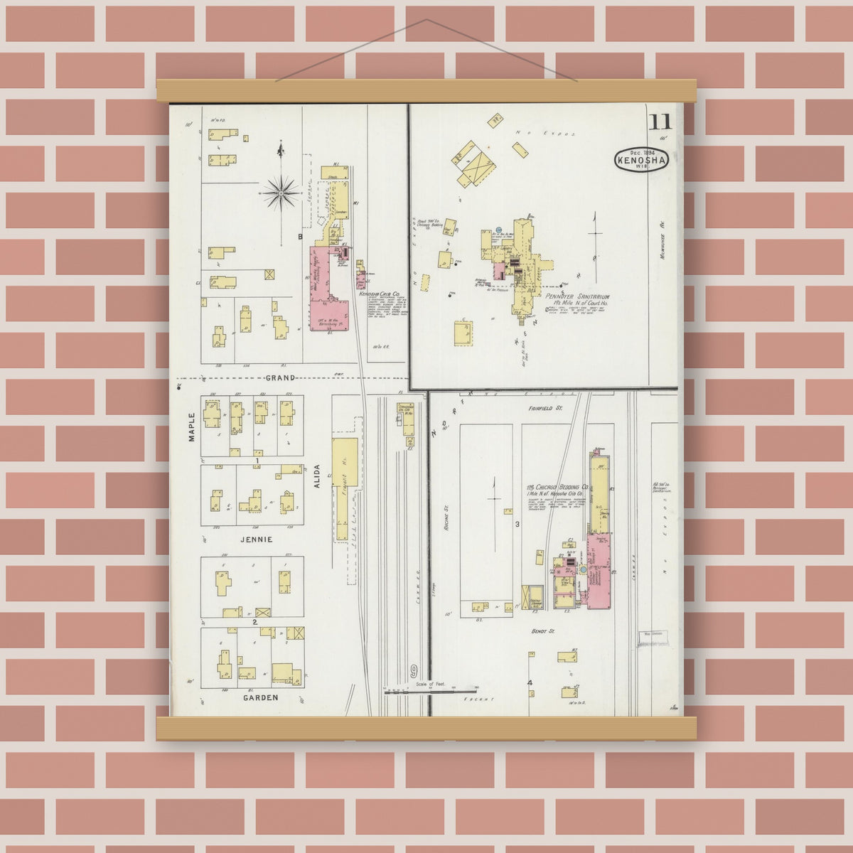 Old map wall art mockup — magnetic wood frame on brick wall — Sanborn Fire Insurance Map from Kenosha, Kenosha County, Wisconsin (1894), Sheet #0011