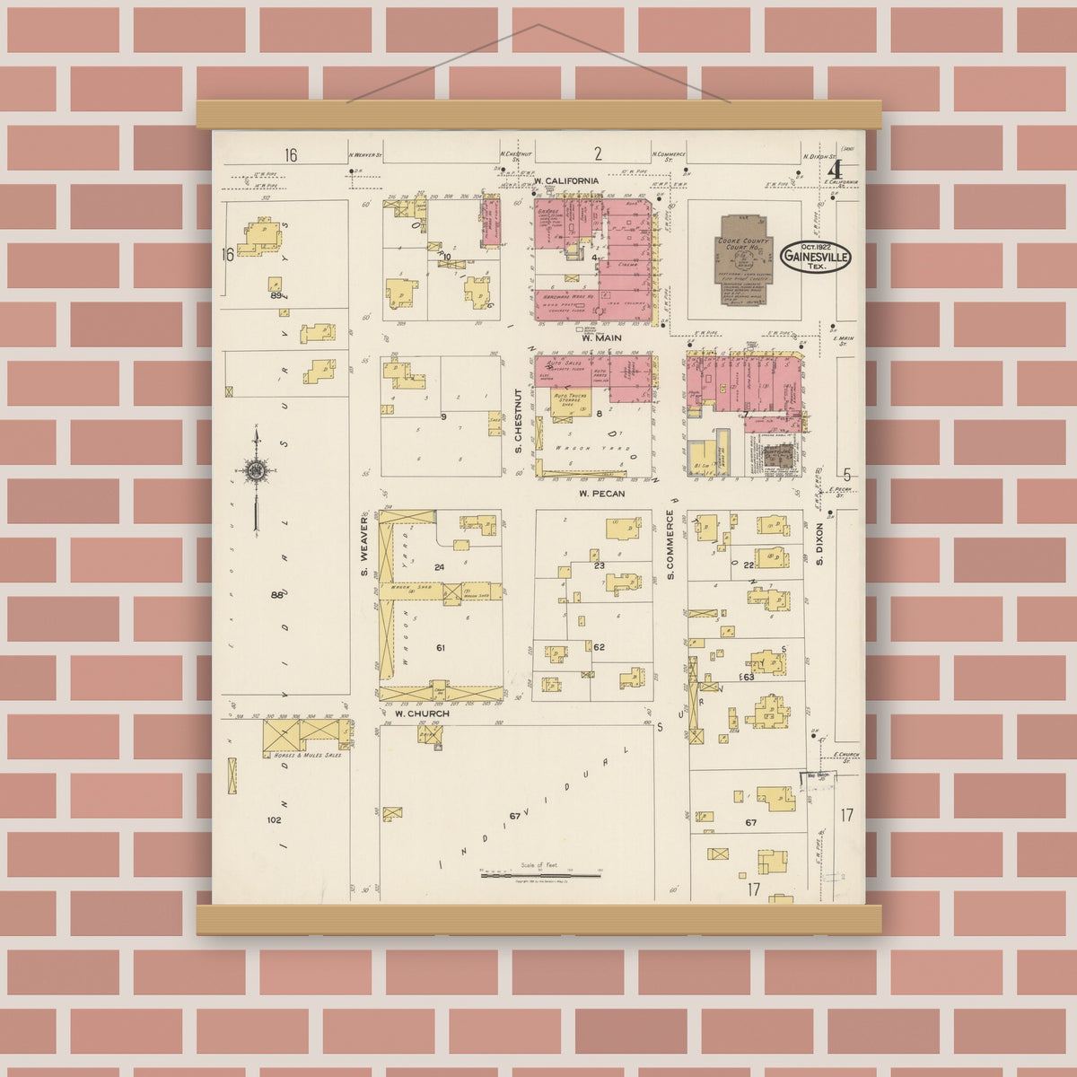 Old map wall art mockup — magnetic wood frame on brick wall — Sanborn Fire Insurance Map from Gainesville, Cooke County, Texas (1922), Sheet #0004
