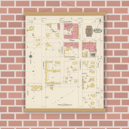 Old map wall art mockup — magnetic wood frame on brick wall — Sanborn Fire Insurance Map from Gainesville, Cooke County, Texas (1922), Sheet #0004