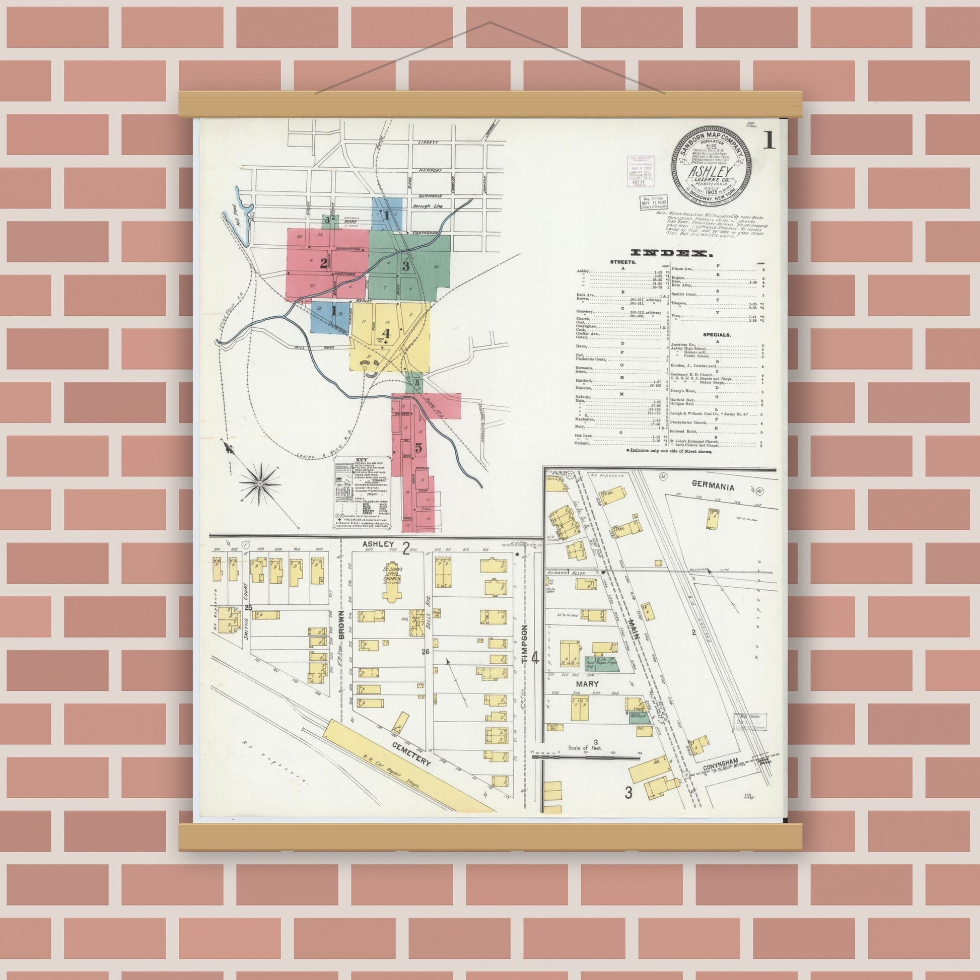 Old map wall art mockup — magnetic wood frame on brick wall — Sanborn Fire Insurance Map from Ashley, Luzerne County, Pennsylvania (1903) - Complete Map Set