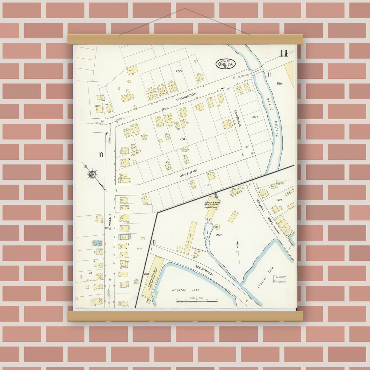Old map wall art mockup — magnetic wood frame on brick wall — Sanborn Fire Insurance Map from Oneida, Madison County, New York (1914), Sheet #0011