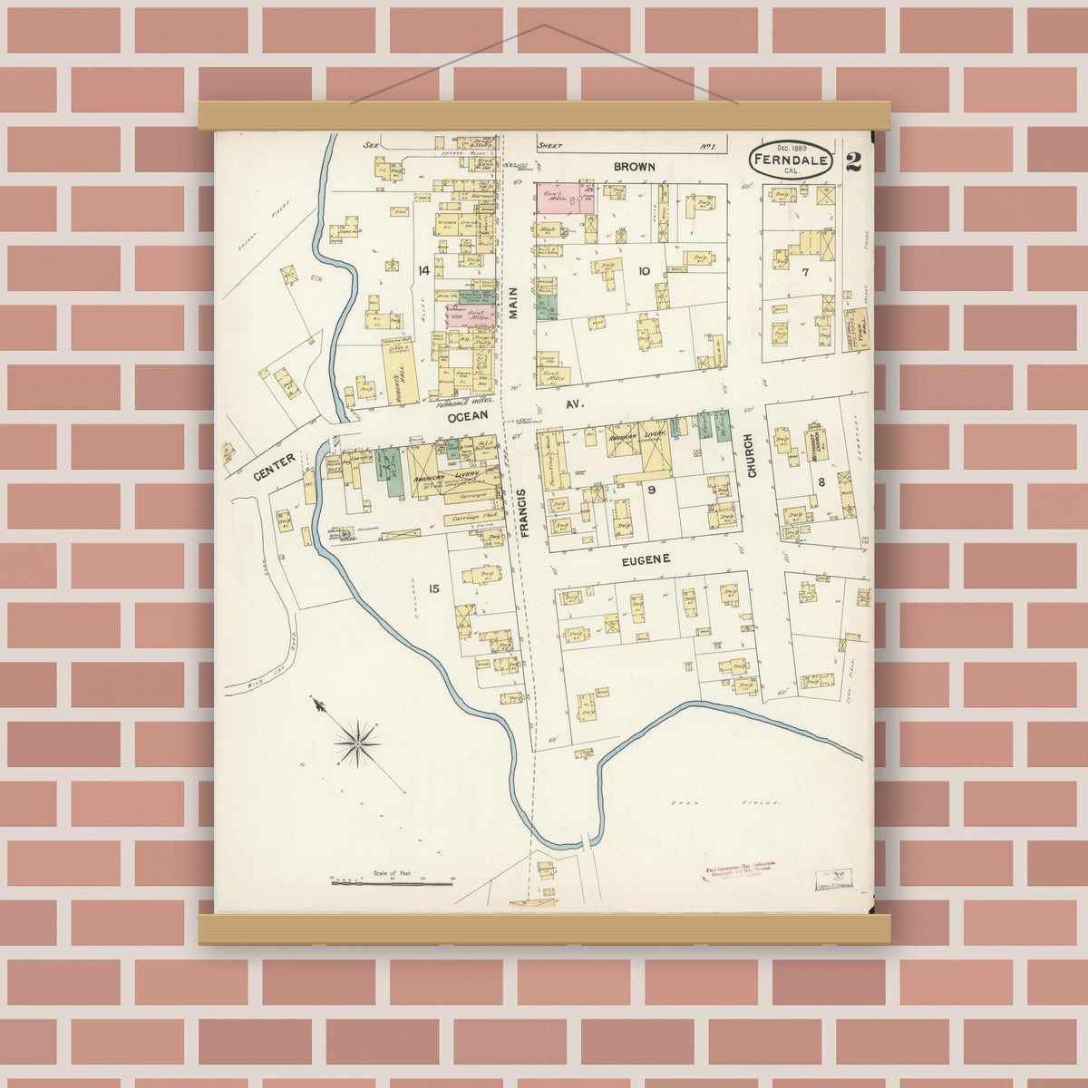Old map wall art mockup — magnetic wood frame on brick wall — Sanborn Fire Insurance Map from Ferndale, Humboldt County, California (1889), Sheet #0002