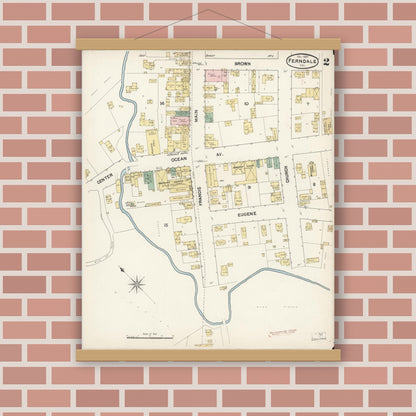 Old map wall art mockup — magnetic wood frame on brick wall — Sanborn Fire Insurance Map from Ferndale, Humboldt County, California (1889), Sheet #0002