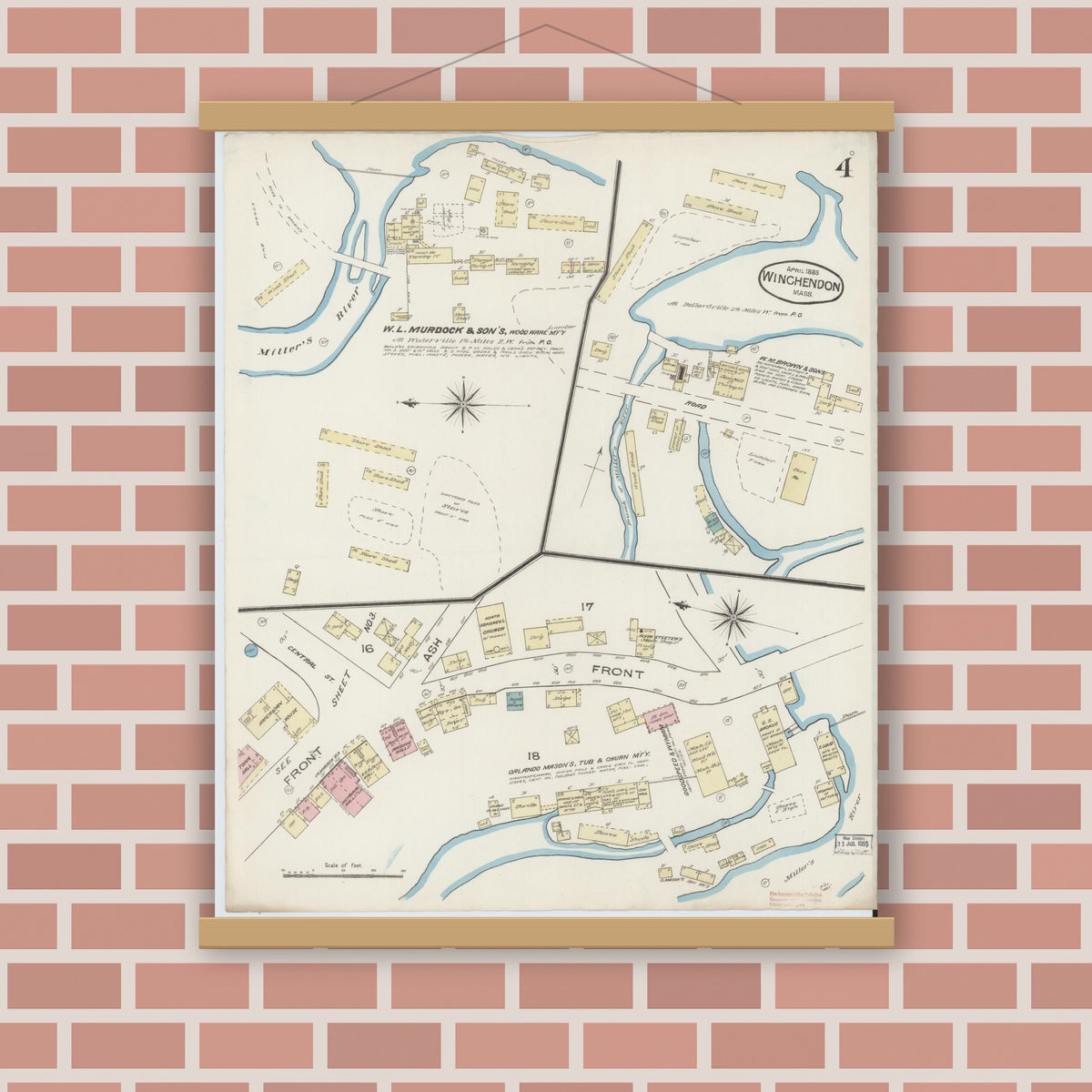 Old map wall art mockup — magnetic wood frame on brick wall — Sanborn Fire Insurance Map from Winchendon, Worcester County, Massachusetts (1885), Sheet #0004
