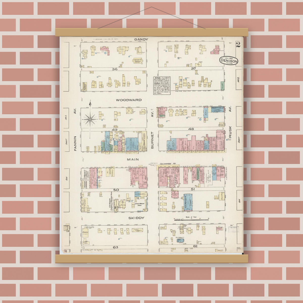 Old map wall art mockup — magnetic wood frame on brick wall — Sanborn Fire Insurance Map from Denison, Grayson County, Texas (1885), Sheet #0002