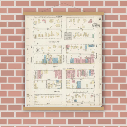 Old map wall art mockup — magnetic wood frame on brick wall — Sanborn Fire Insurance Map from Denison, Grayson County, Texas (1885), Sheet #0002