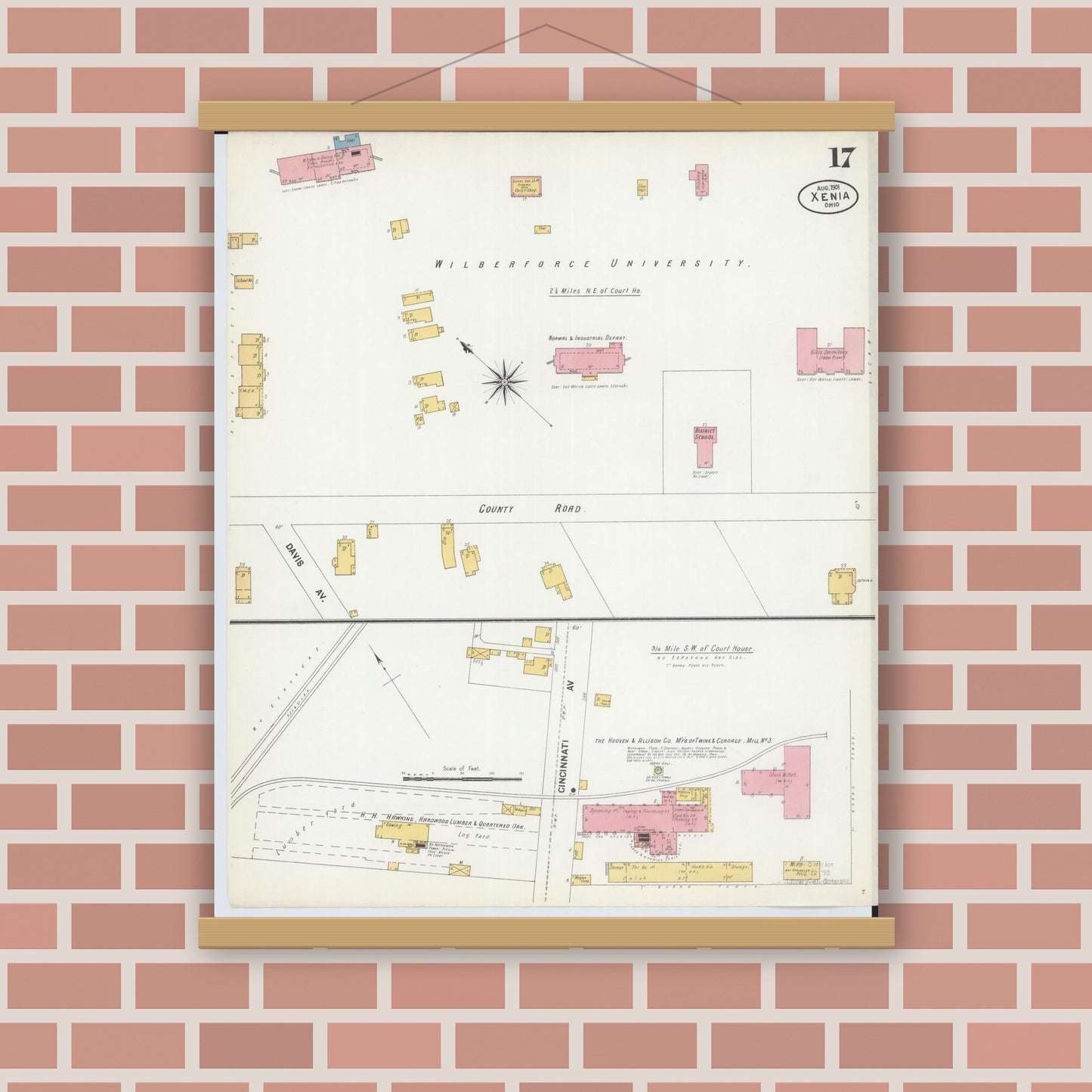 Old map wall art mockup — magnetic wood frame on brick wall — Sanborn Fire Insurance Map from Xenia, Greene County, Ohio (1901), Sheet #0017