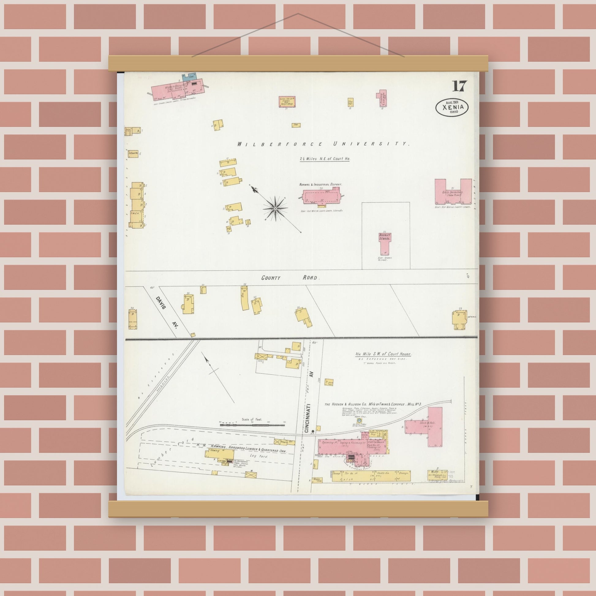 Old map wall art mockup — magnetic wood frame on brick wall — Sanborn Fire Insurance Map from Xenia, Greene County, Ohio (1901), Sheet #0017