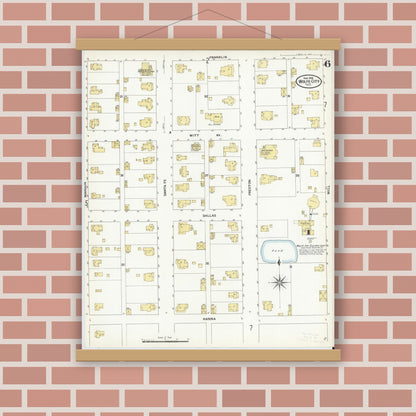 Old map wall art mockup — magnetic wood frame on brick wall — Sanborn Fire Insurance Map from Wolfe City, Hunt County, Texas (1909), Sheet #0006