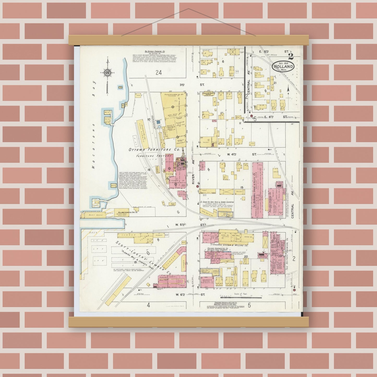 Old map wall art mockup — magnetic wood frame on brick wall — Sanborn Fire Insurance Map from Holland, Ottawa County, Michigan (1916), Sheet #0002