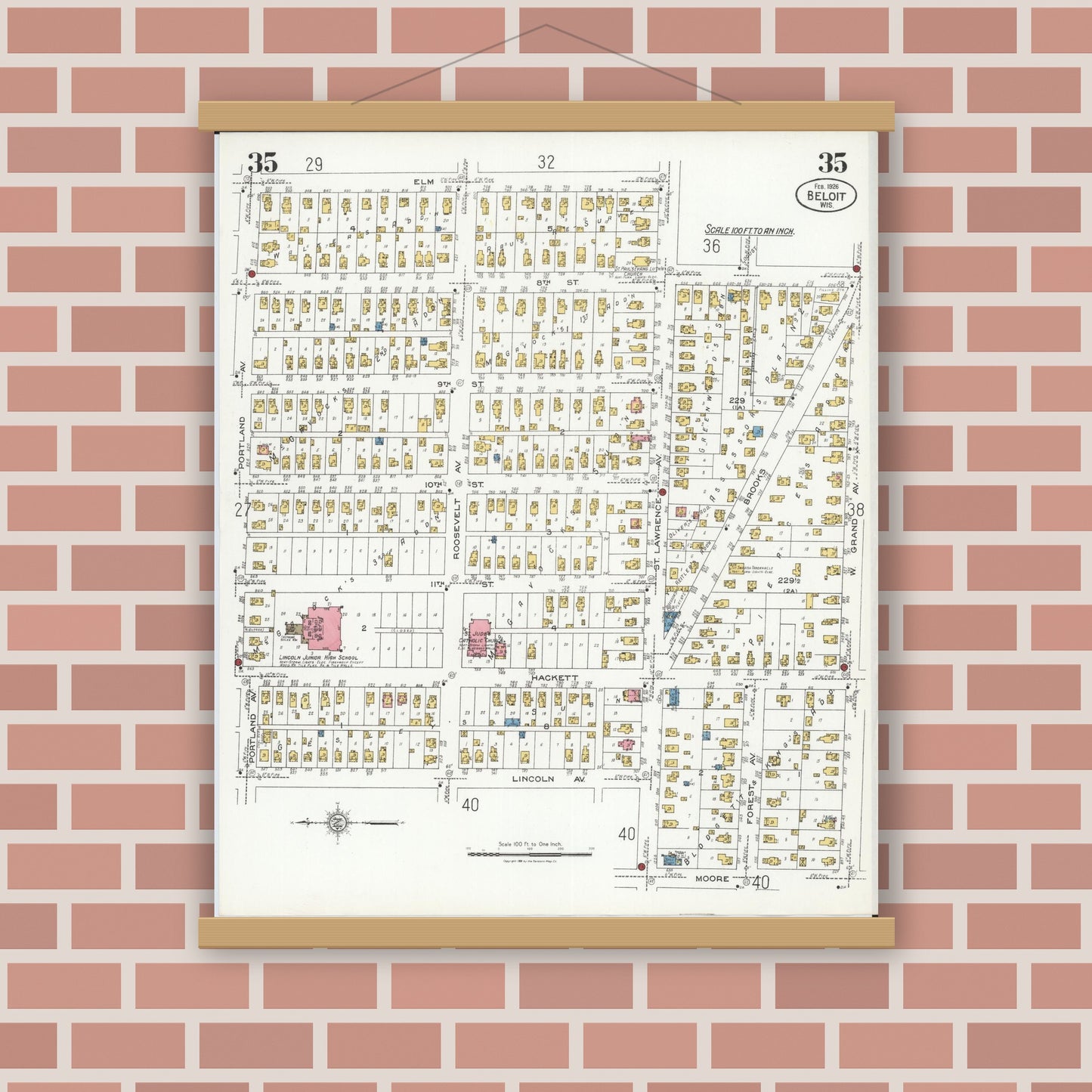 Old map wall art mockup — magnetic wood frame on brick wall — Sanborn Fire Insurance Map from Beloit, Rock County, Wisconsin (1926), Sheet #0035