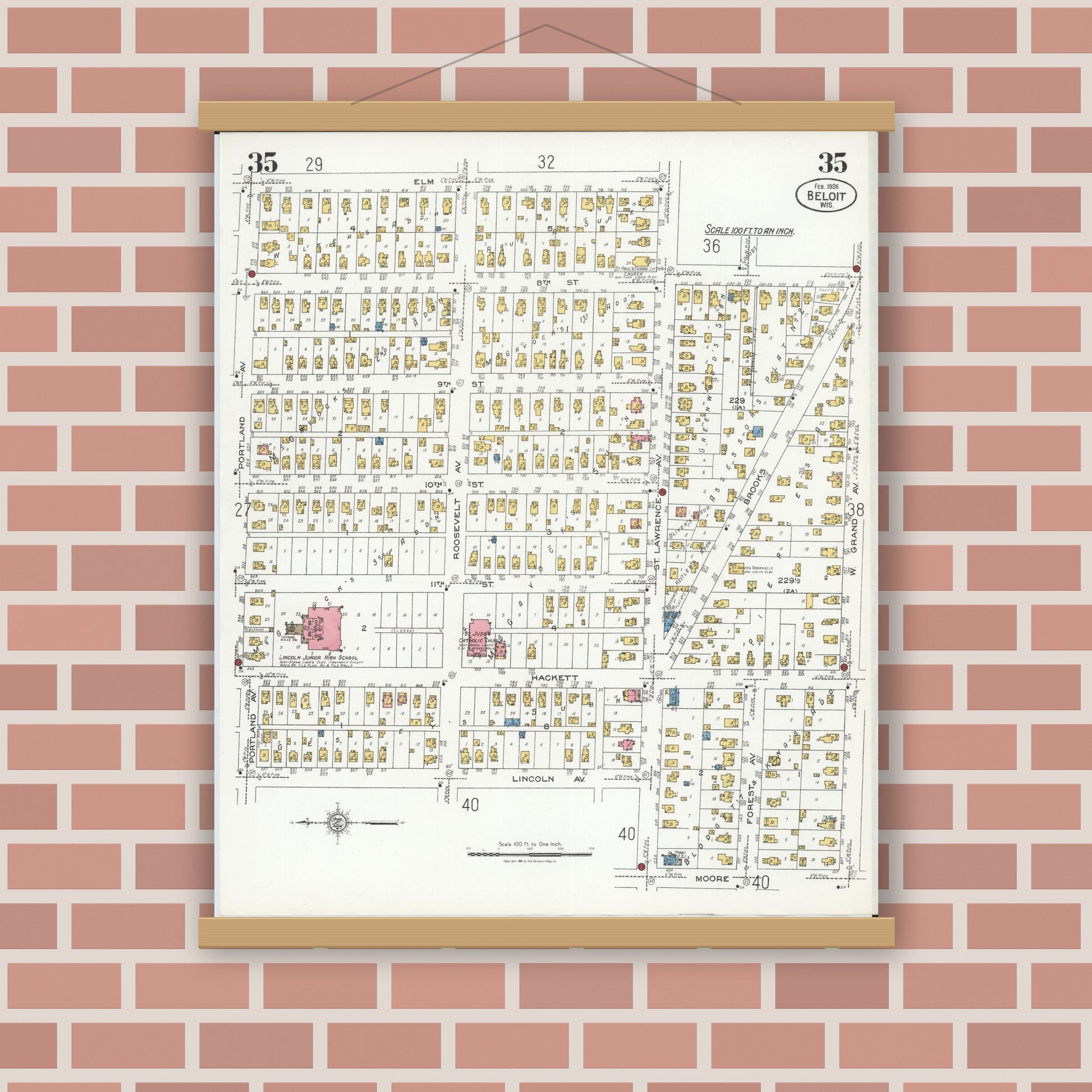 Old map wall art mockup — magnetic wood frame on brick wall — Sanborn Fire Insurance Map from Beloit, Rock County, Wisconsin (1926), Sheet #0035