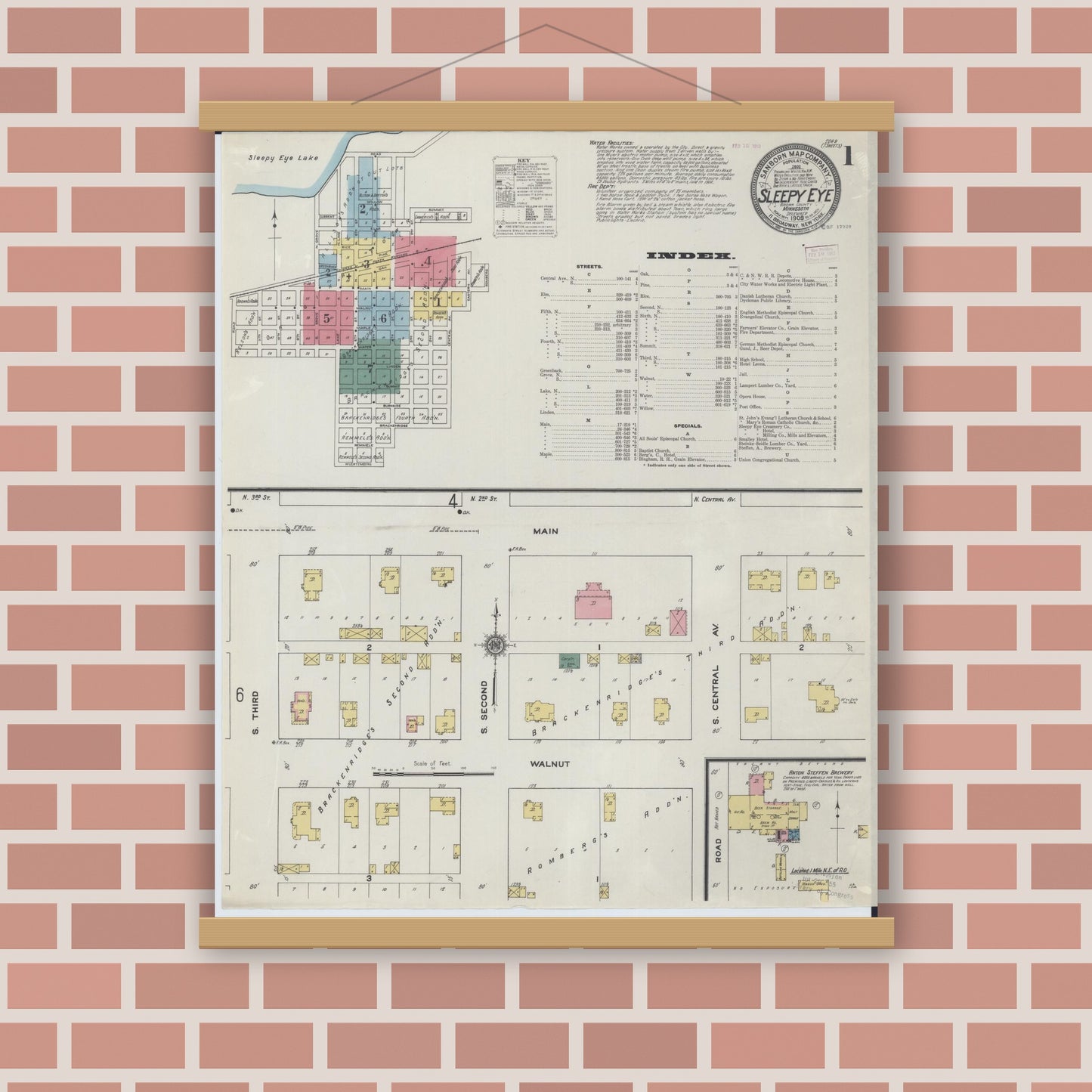 Old map wall art mockup — magnetic wood frame on brick wall — Sanborn Fire Insurance Map from Sleepy Eye, Brown County, Minnesota (1909) - Complete Map Set