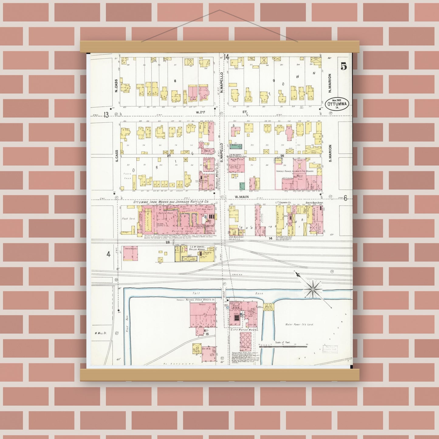 Old map wall art mockup — magnetic wood frame on brick wall — Sanborn Fire Insurance Map from Ottumwa, Wapello County, Iowa (1902), Sheet #0005
