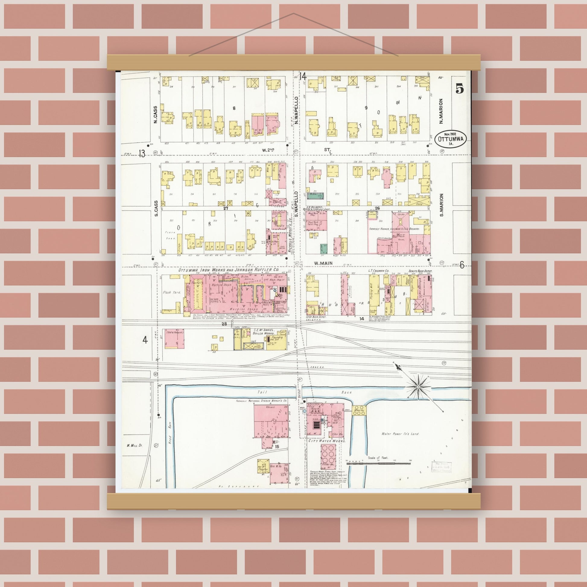 Old map wall art mockup — magnetic wood frame on brick wall — Sanborn Fire Insurance Map from Ottumwa, Wapello County, Iowa (1902), Sheet #0005