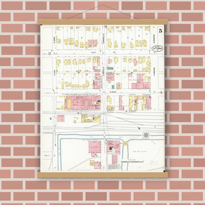 Old map wall art mockup — magnetic wood frame on brick wall — Sanborn Fire Insurance Map from Ottumwa, Wapello County, Iowa (1902), Sheet #0005