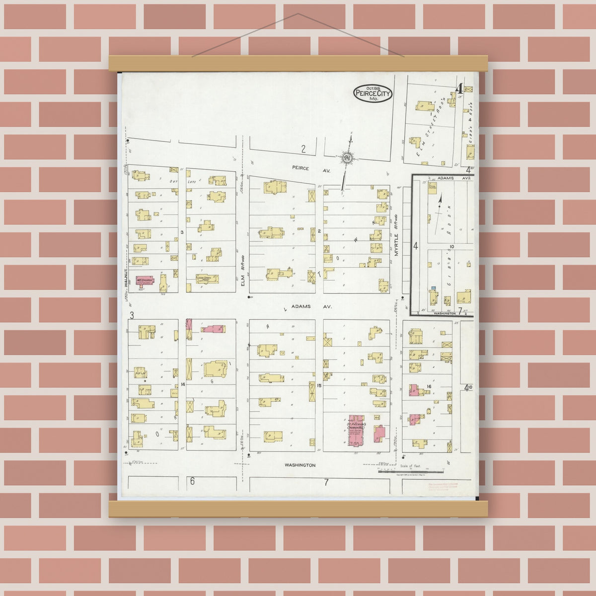 Old map wall art mockup — magnetic wood frame on brick wall — Sanborn Fire Insurance Map from Pierce City, Lawrence County, Missouri (1918), Sheet #0004