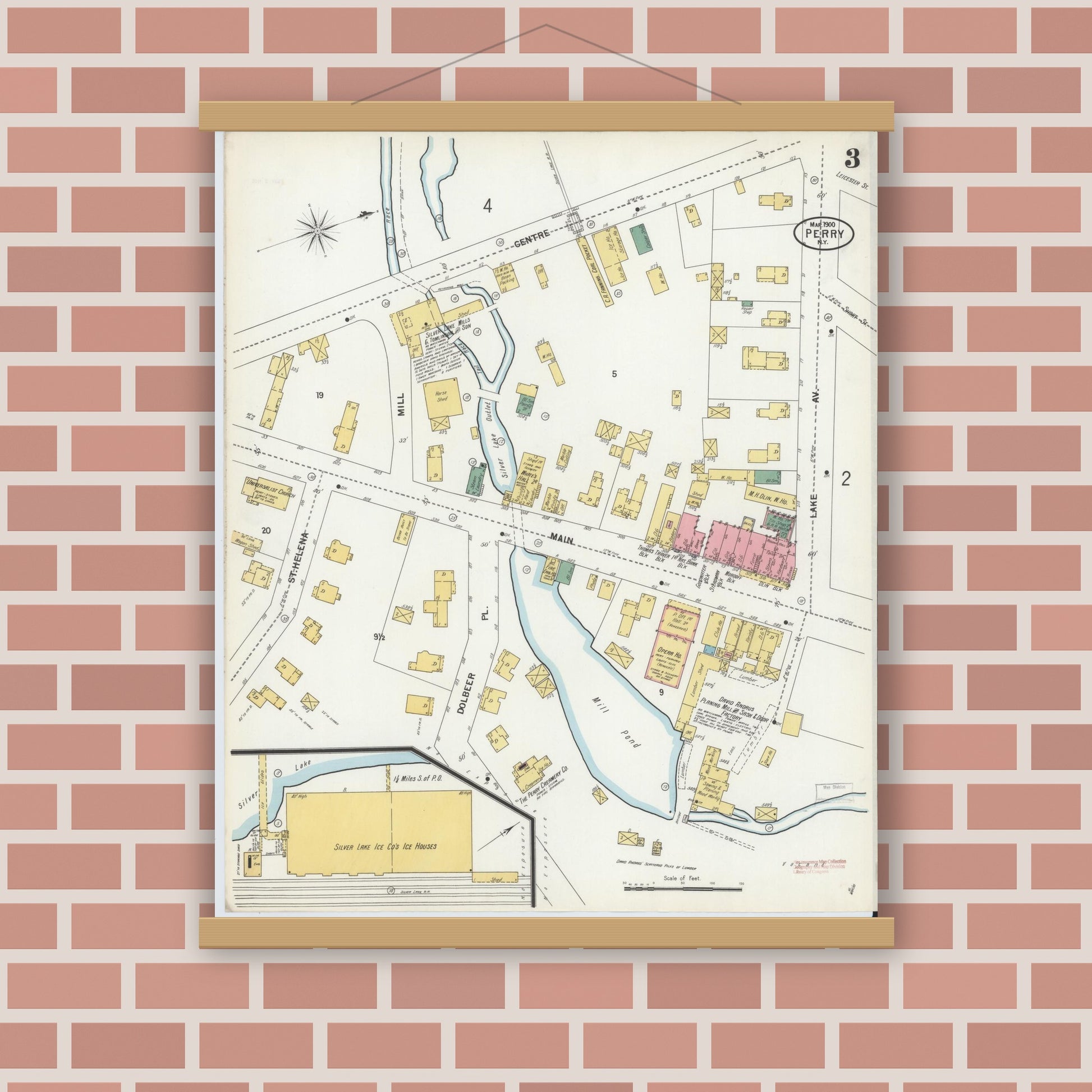 Old map wall art mockup — magnetic wood frame on brick wall — Sanborn Fire Insurance Map from Perry, Wyoming County, New York (1900), Sheet #0003
