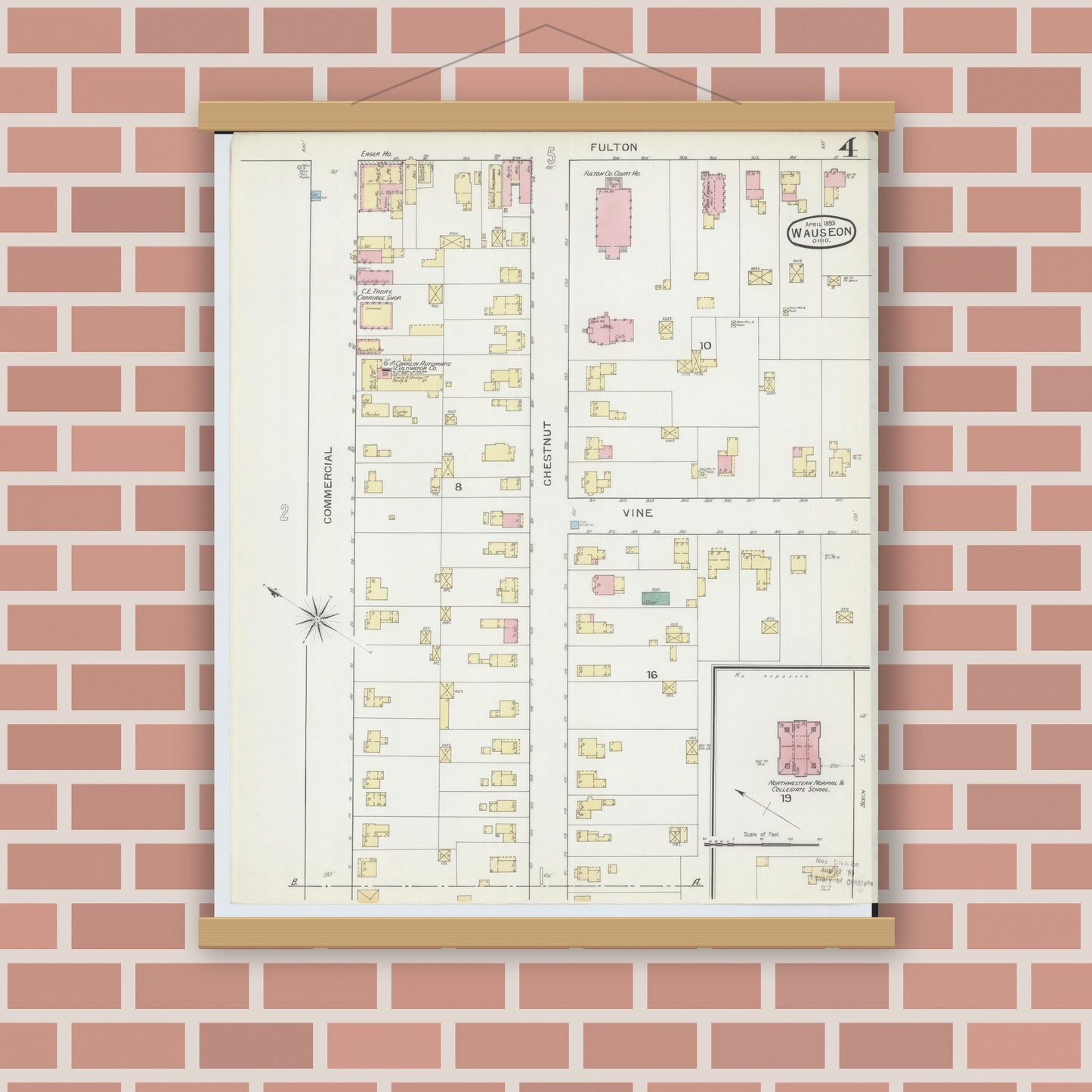 Old map wall art mockup — magnetic wood frame on brick wall — Sanborn Fire Insurance Map from Wauseon, Fulton County, Ohio (1893), Sheet #0004